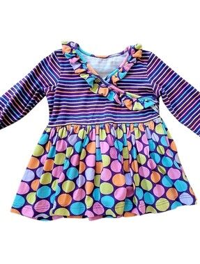 Kelly’s Kids Girls Striped Polka Dot Ruffle Tunic Dress Purple Multi Size 4/5